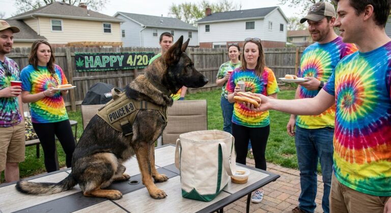 Image for: Off-Duty Cop's K-9 Partner Escapes Backyard, Follows Nose to Neighbor's 4/20 Party, Sits Next to Stash
